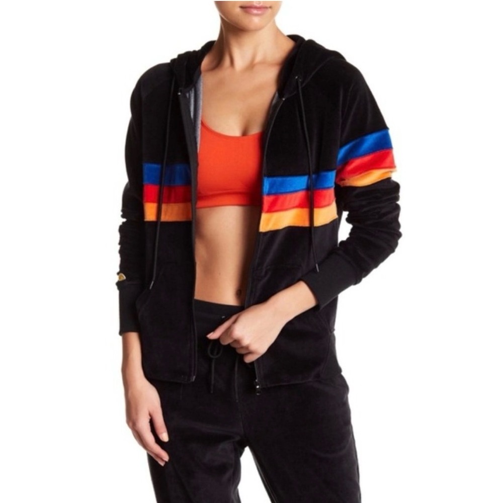 C & C CALIFORNIA black and color stripe velour tracksuit, small jacket & pants